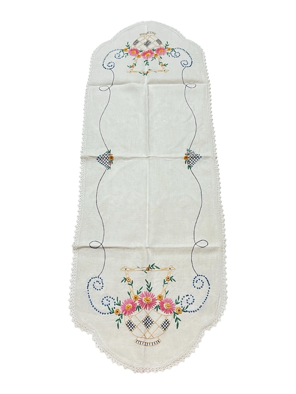 Vintage 50s Table Runner Floral Basket Embroidery Cottagecore MCM Table Dresser
